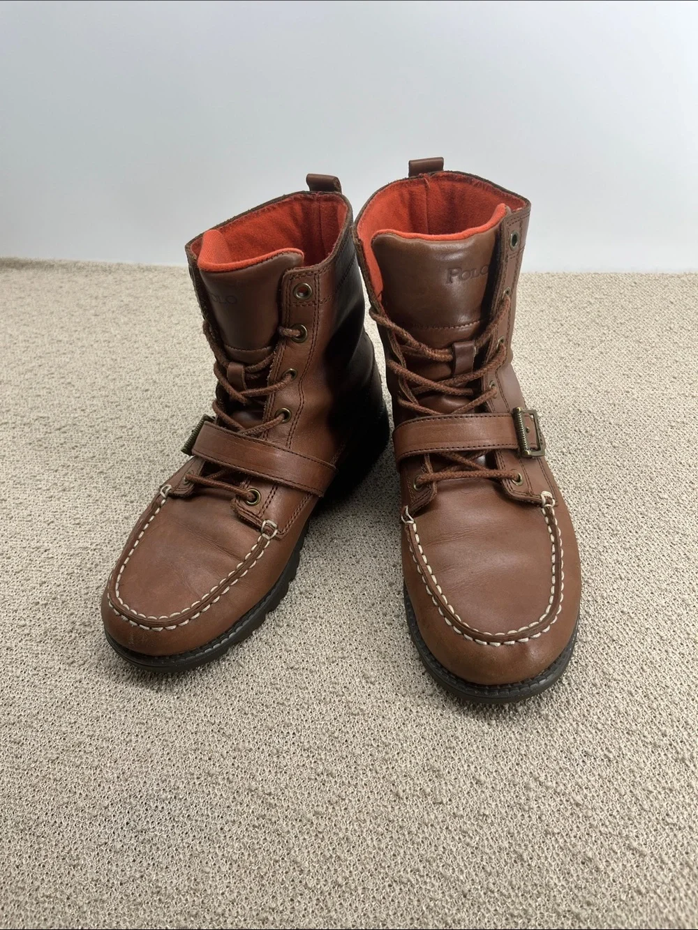 Polo by Ralph Lauren Men’s Cognac Leather Lace-Up Buckle Boot